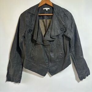 Cabi waxed black linen moto ruffle bomber spring fall jacket